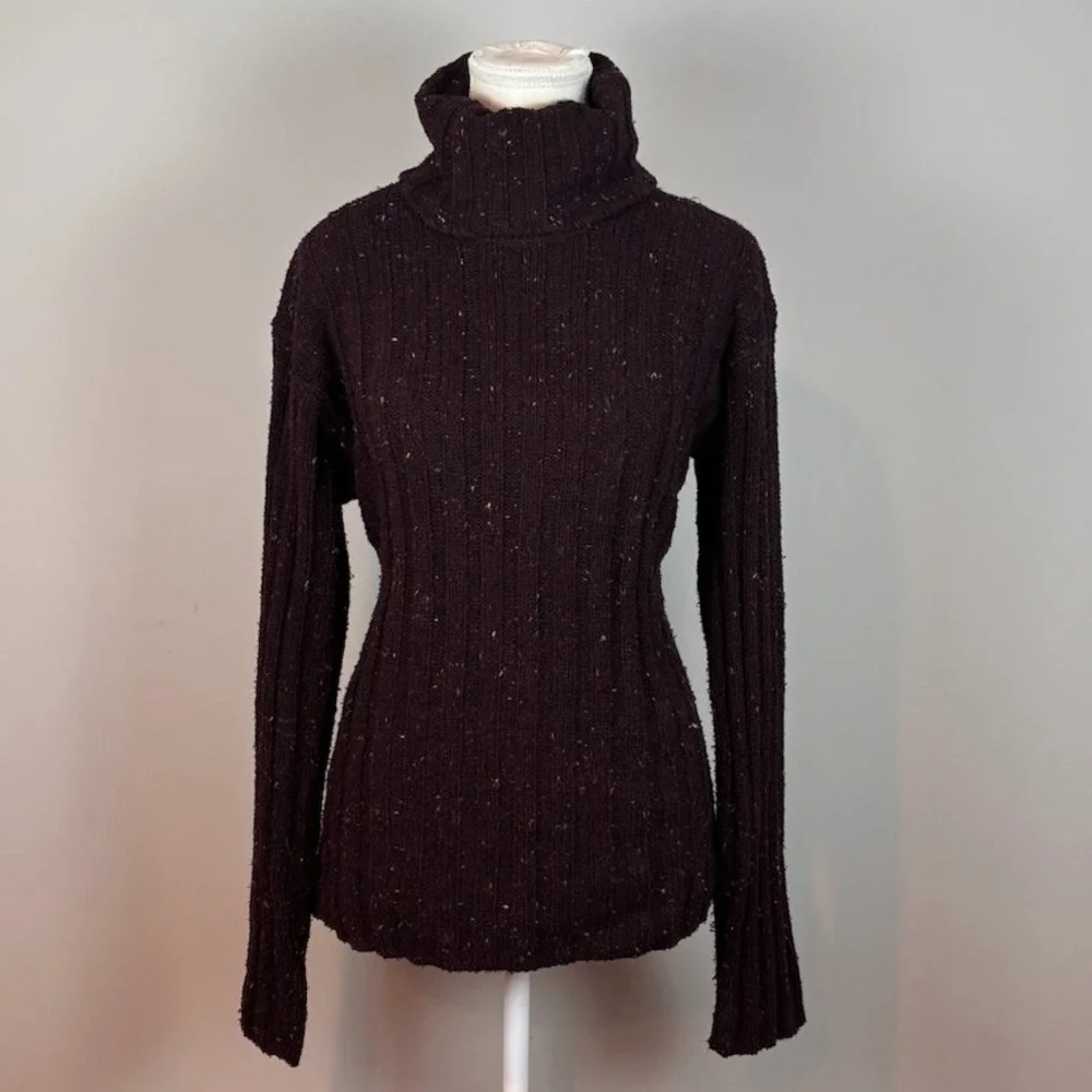 Anthropologie Y2K Womens Purple Heathered Chunky Knit Flare Sleeve TurtleNeck SM